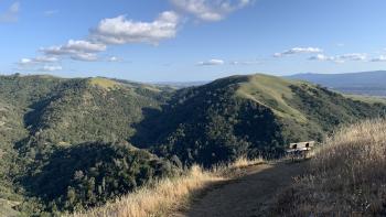 dirt trail with dry grasses in the foreground and green mountains against a blue sky with few clouds
