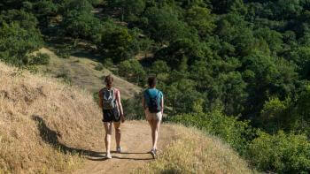 Two hikers wearing shorts and backpacks hike away from the camera up a dirt trail with lush green oak trees in the background