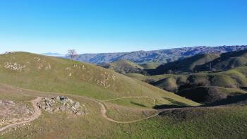 Rolling green hills with trails winding through them, under a bright blue sky