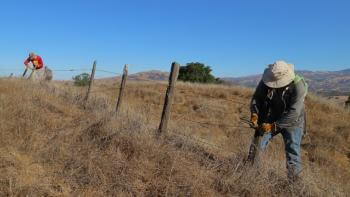 Staff and volunteers remove barbed wire fencing from Coyote Ridge Open Space Preserve