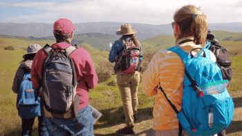 Hikers follow a docent on a hike through green hills with scenic views