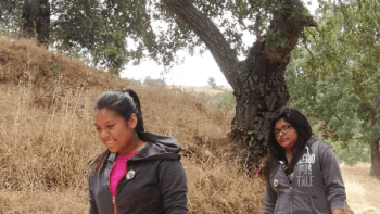 Two hikers traverse the Arrowhead Trail at Coyote Valley Open Space Preserve. They are both wearing gray sweaters, black leggings and hiking shoes.