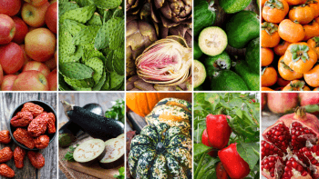 Collage of produce including apples, artichokes, squash, persimmons, eggplant and bell peppers