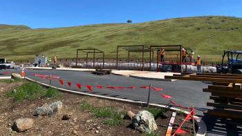 Shade structures being constructed in the central gathering area of MOCR