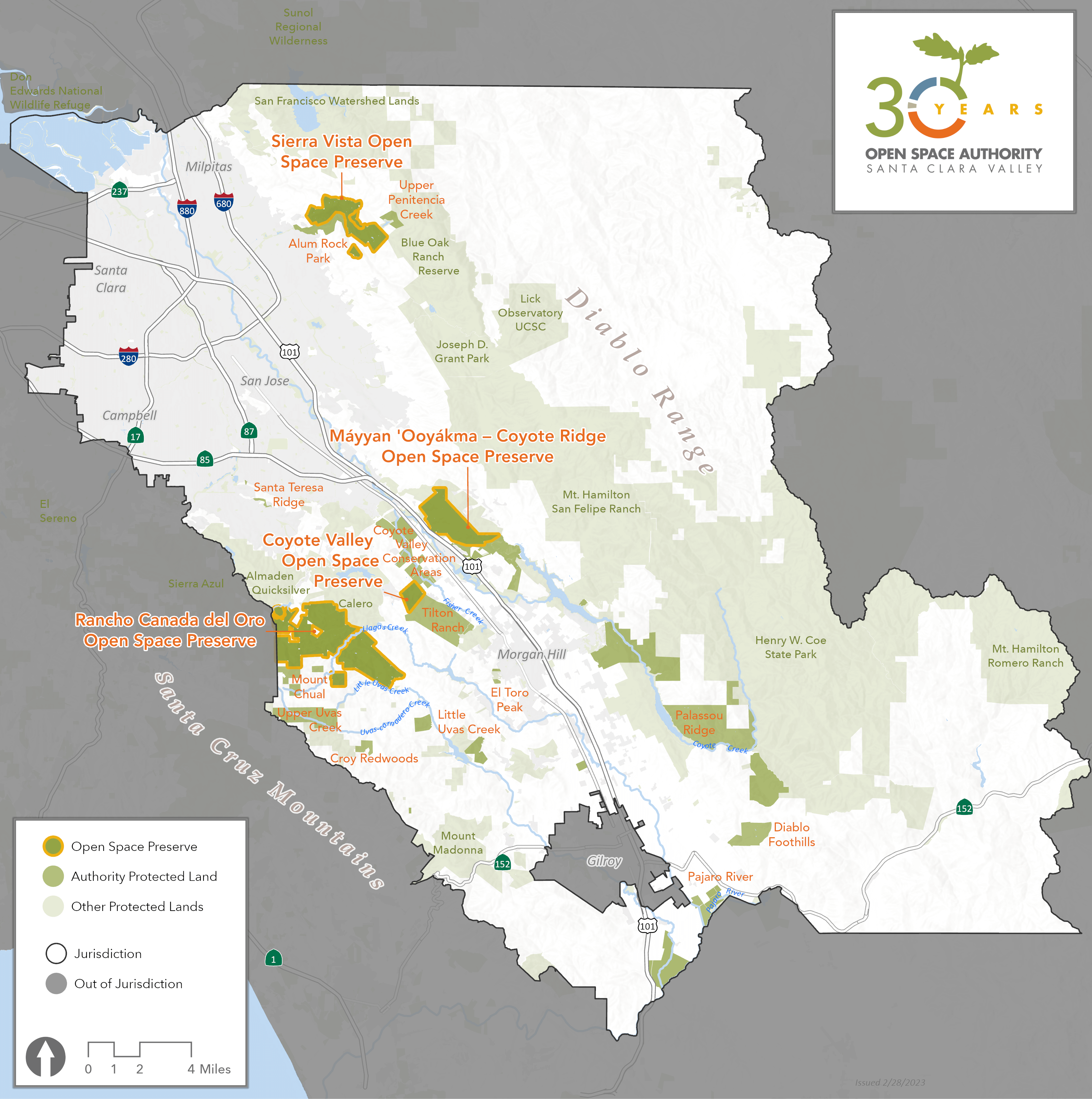 Map showing the Open Space Authority's jurisdiction and protected lands in the Santa Clara Valley