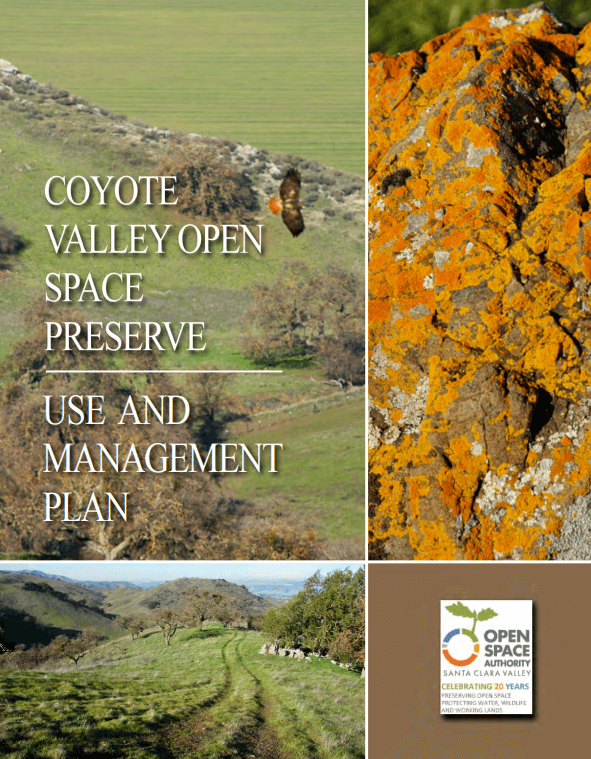 A report cover with white text that reads "Coyote Valley Open Space Preserve Use & Management Plan" over a collage with images of a hawk flying over green landscape, an orange lichen-covered rock, and a trail on a green hill