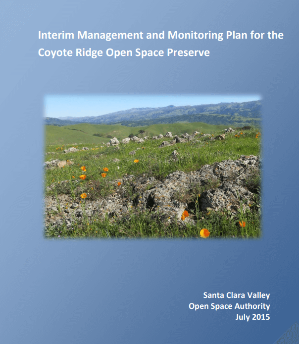 Blue report cover with white text that reads "Interim Management & Monitoring Plan for the Coyote Ridge Open Space Preserve" over a photo of orange poppies on a green field with rocks