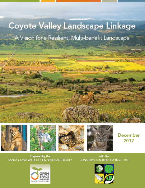 Report cover with white text that reads "Coyote Valley Landscape Linkage" over a photo of a valley landscape and a banner collage at the bottom with images of wildlife