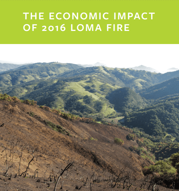 Report cover with white text over lime green that reads "The Economic Impact of 2016 Loma Fire" over an image of a burned landscape