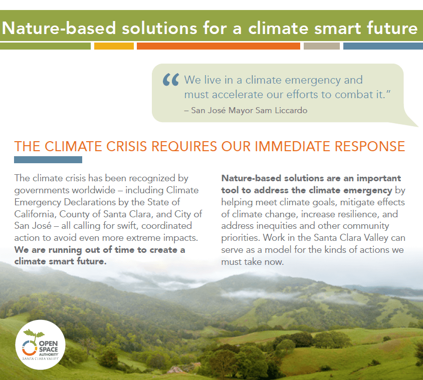 Report cover with white text on a green banner that reads "Nature-Based Solutions For A Climate Smart Future" over more text on a white background and landscape photo