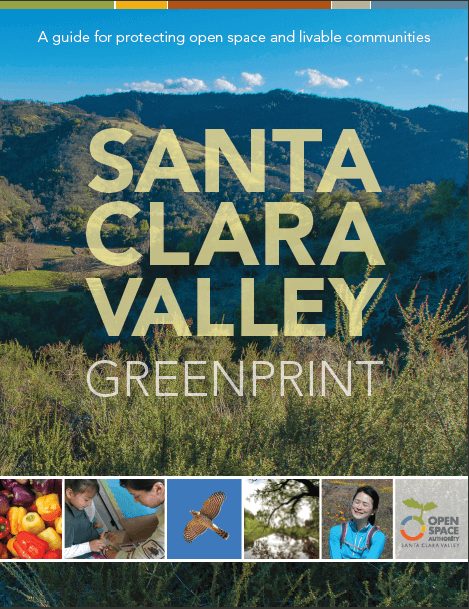 A report cover with large yellow text that says "Santa Clara Valley Greenprint" over a large landscape image with hills and vegetation and a banner college below with people, animals, and produce