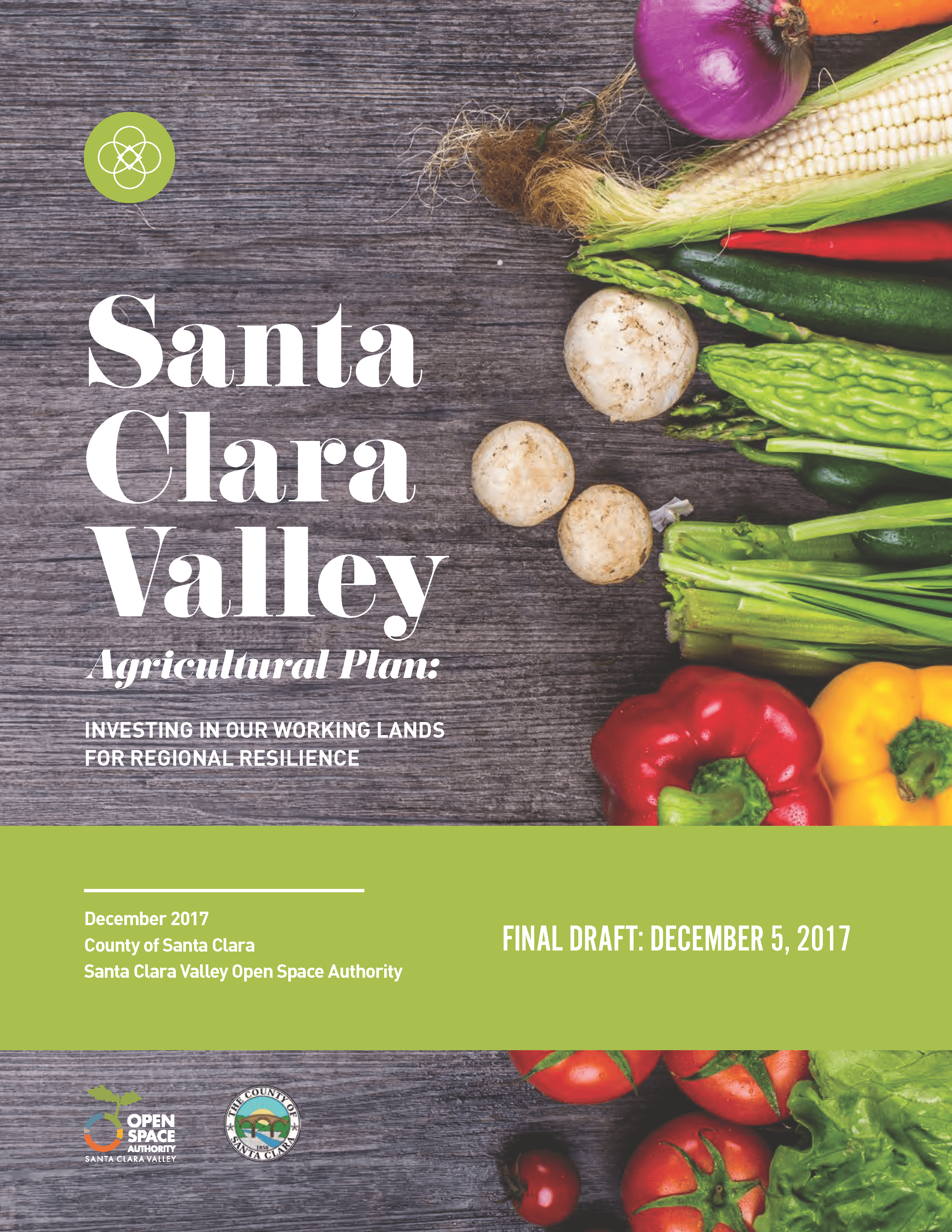 A report cover with white text that says "Santa Clara Valley Agricultural Plan" over a background of greyish brown food and fresh vegetables