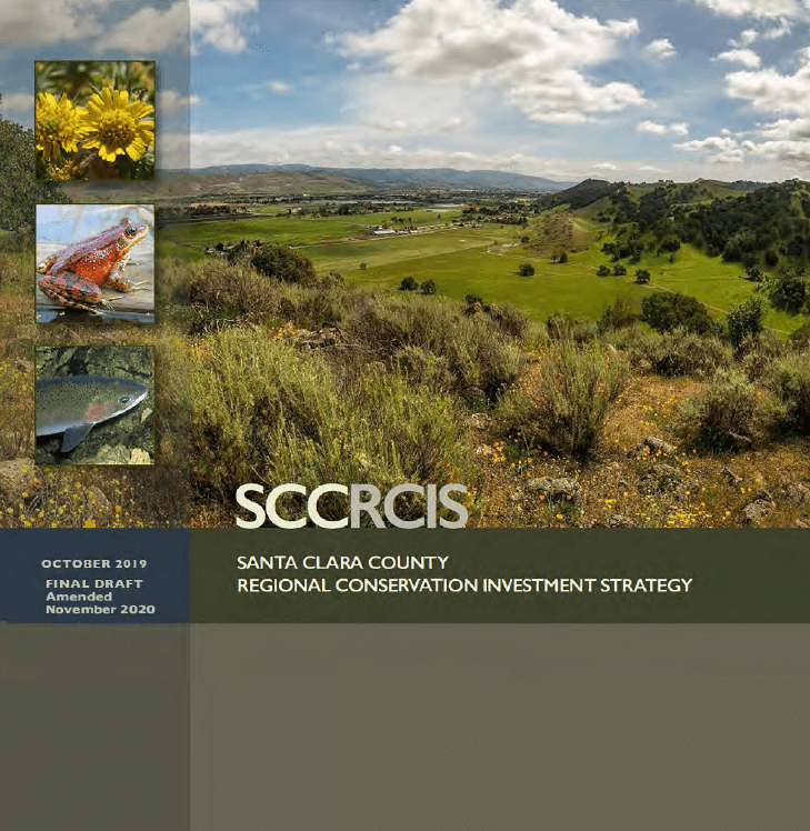 A report cover with a photo of a green valley landscape, three vertical photos showing flowers, a frog, and a trout, and the title SCCRCIS