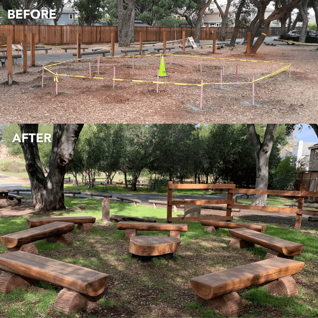 Photo above with the text "Before" shows safety cones and caution tape marking a circular area in a park; photo below with text "after" shows a ring of benches made out of tree logs surrounding a tree trunk table in a patch of grass under shady trees