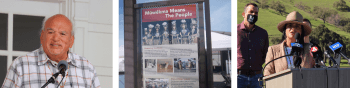 Three photos in a row: far right is a man wearing a plaid shirt speaking into a microphone in front of a white building; middle photo shows an educational panel with the title "Muwekma Means The People" over a photo of people dressed in traditional ceremonial outfits; far right image shows a woman in a brown blazer and brown hat speaking into a microphone on a podium in front of green hills