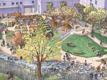 An aerial view illustration looking down at a nature-themed outdoor play area with grass lawns, trees, play structures, and garden beds, next to a light purple building