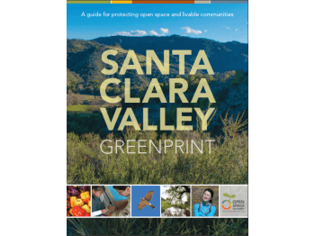 Report cover with yellow text that reads "Santa Clara Valley Greenprint" over a photo of a golden landscape with green trees