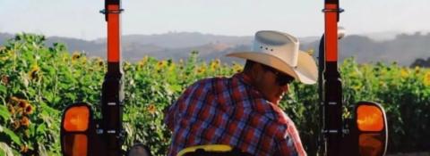 Farmer on a tractor moving through crops