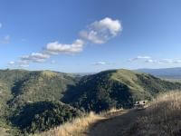 dirt trail with dry grasses in the foreground and green mountains against a blue sky with few clouds