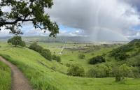 A dirt trail winds through lush green hills dotted with dark green oak trees, in the distance a rainbow arcs over farmland below