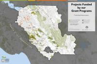 Map of Santa Clara County with a title in black text that says "Projects funded by our Grant Programs"